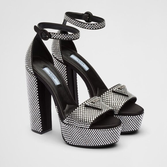 Prada Satin Black Embellished Platform Heels Logo Crystal Pumps Sandals - Picture 1 of 9